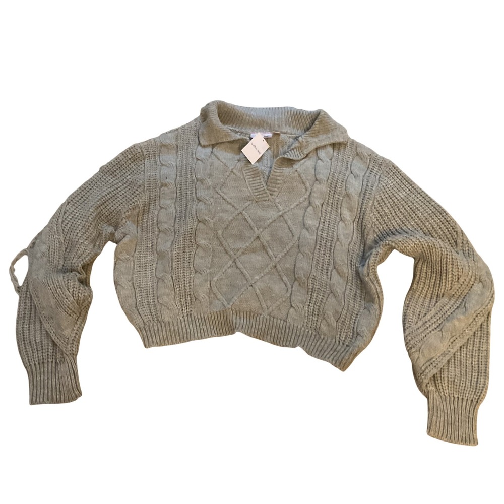 Willow + Root Grey Cable Knit Fringe Cropped Sweater Collared V-Neck Medium NWT